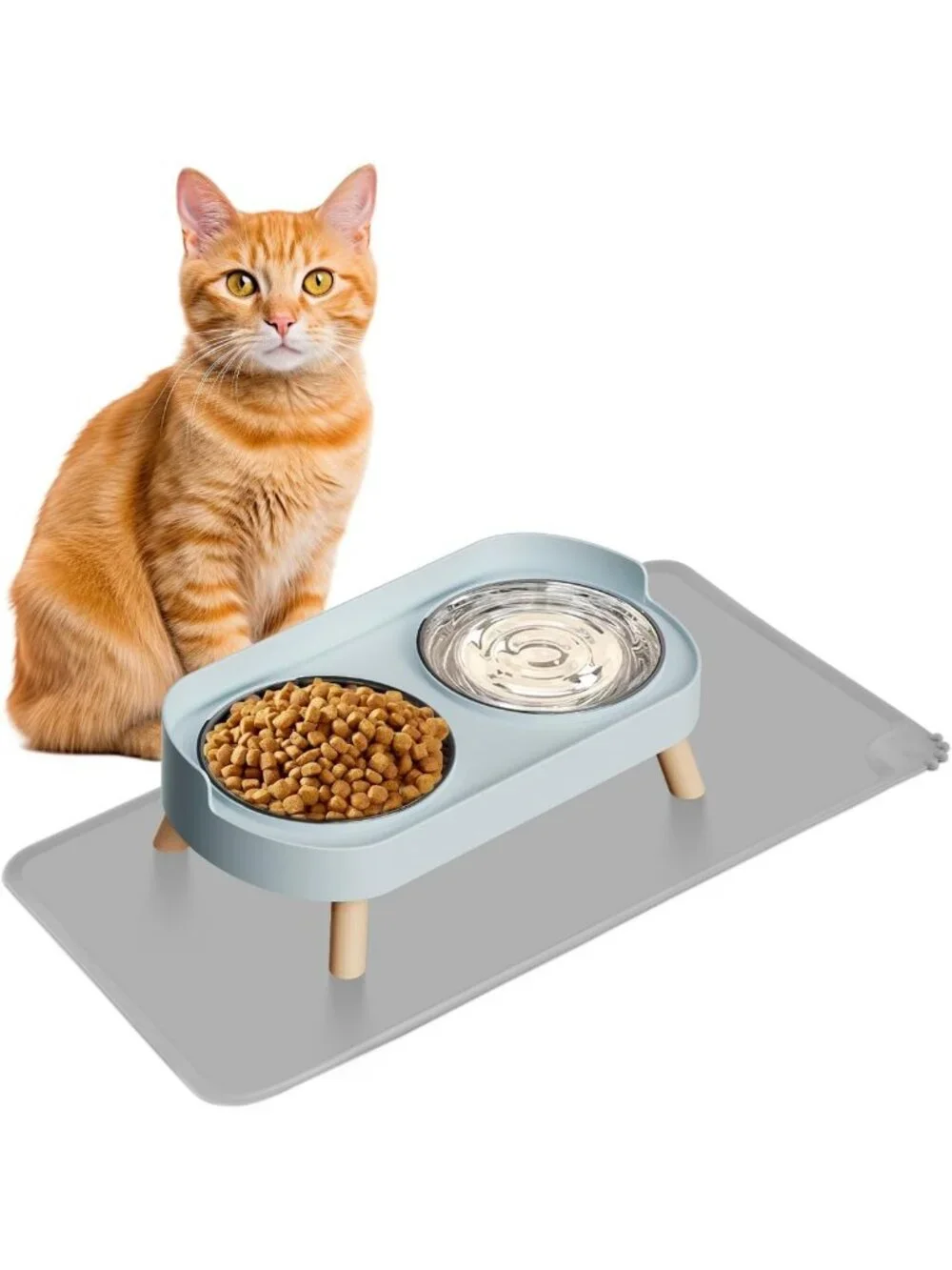 Elevated Cat Bowl Set with Food Mat, Splash Proof, Stainless Steel, Dishwasher